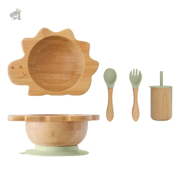 Vaisselle en bamboo pour bébé avec motifs dinosaures
