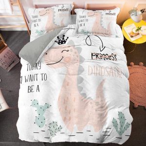Housse de couette dinosaure blanche et rose pour chambre enfant