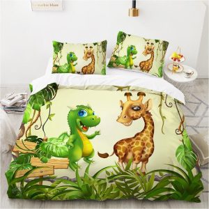 Housse de couette dino train pour chambre d’enfant