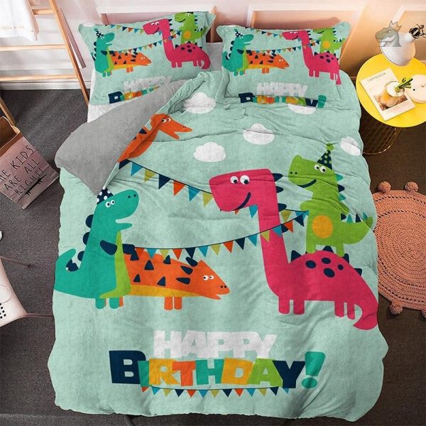 housse-de-couette-dinosaure-cartoon-rose-1 Ensemble literie dinosaure coloré pour chambre d'enfant