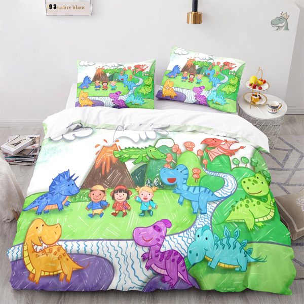 housse-de-couette-dinosaure-monde-feerique-1 Housse de couette dinosaure colorée pour chambre d'enfant