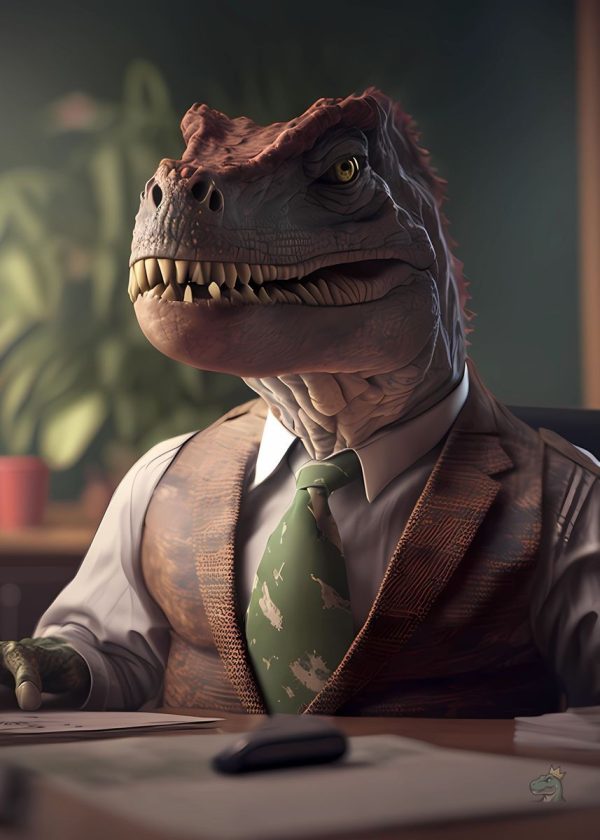 Poster d'un dinosaure en costume raffiné