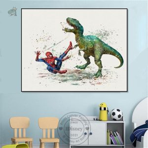 Poster dinosaure vs Marvel, affiche colorée et dynamique