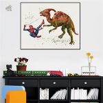 Design amusant de dinosaure et héros Marvel en duel