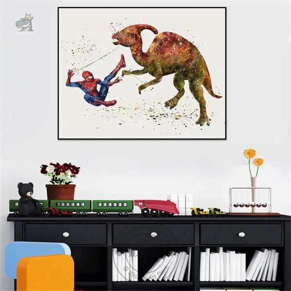 Design amusant de dinosaure et héros Marvel en duel