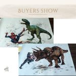 Affiche dynamique alliant univers des dinosaures et Marvel