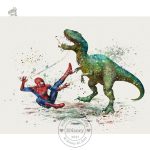 Illustration de dinosaure affrontant des personnages Marvel