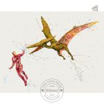 Affiche d'art combinant dinosaures et univers Marvel