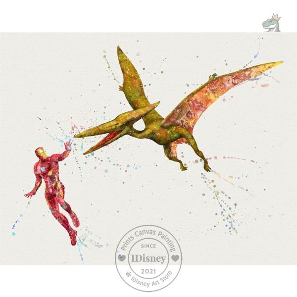 Affiche d'art combinant dinosaures et univers Marvel