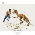 Affiche mêlant aventures de dinosaures et super-héros
