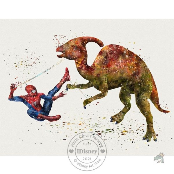 Poster captivant d'affrontement dinosaure et Marvel