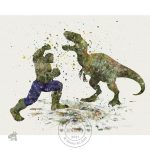 Illustration colorée de héros Marvel et dinosaures