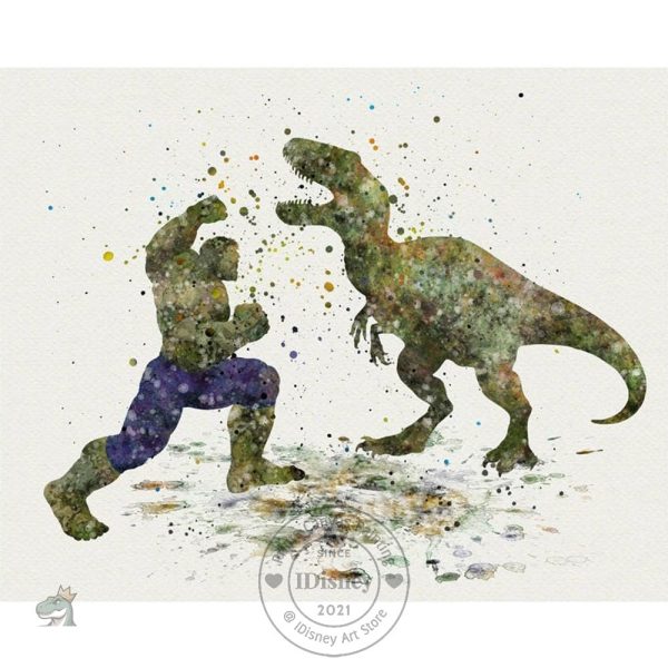 Illustration colorée de héros Marvel et dinosaures