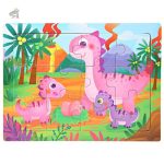 Puzzle Dinosaure en bois rose - 12 pièces colorées