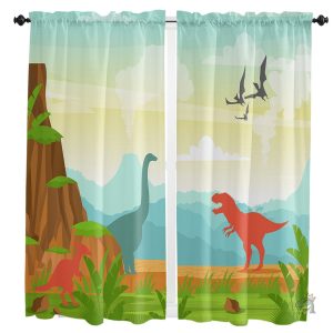 Rideaux motifs volcans et dinosaures pour fenêtres